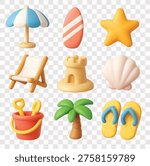 Summer Beach Vacation Vector Icon Set | 3D icon set | beach umbrella, surfboard, starfish, deck chair, sandcastle, seashell, bucket and spades, palm tree, and flip-flops