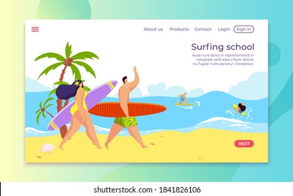 Summer beach vacation, vector illustration. People surfing at sea travel, sport ocean flat banner. Cartoon surf holiday page background, man woman character with surfboard, landing template design.