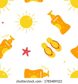 Summer beach vacation vector seamless pattern background with sun, bottles of sunscreen, starfish and flip flops.