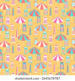 Summer beach vacation vector seamless pattern. Colorful striped parasols, loungers and folded umbrellas on bright yellow background. Playful coastal holiday surface design in flat cartoon retro style