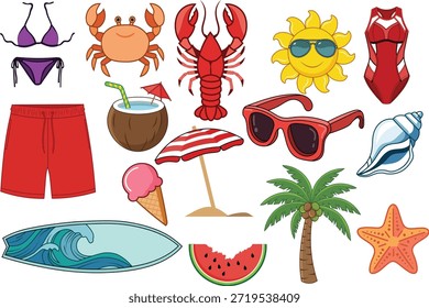 Sommerurlaub Vektor-Set. Sammlung von bunten Zeichentricksymbolen, darunter Badeanzug, Sonne, Palme, Nahrung und Meerestiere, einzeln auf weißem Hintergrund.