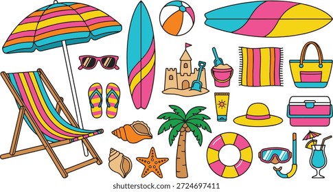 Summer Beach Vacation Vetor Set (em inglês). Guarda-chuva, cadeira de convés e prancha isolada em branco para viagens de férias	