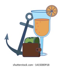 Summer and beach vacations anchor and cocktail with money in wallet cartoons vector illustration graphic design