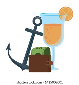 Summer and beach vacations anchor and cocktail with money in wallet cartoons vector illustration graphic design