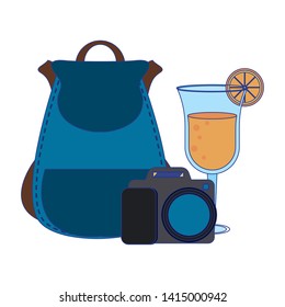 Summer and beach vacations backpack camera and cocktail cartoons vector illustration graphic design