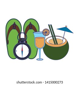 Summer and beach vacations flip flops cocktails and navigation compass cartoons vector illustration graphic design