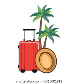 Summer and beach vacations luggage and hat with tree palms cartoons vector illustration graphic design