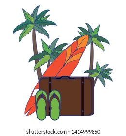 Summer and beach vacations suitcase surf table and flip flops cartoons vector illustration graphic design
