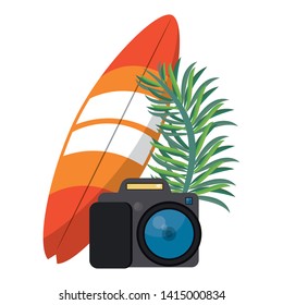 Summer and beach vacations surf table camera and leaf cartoons vector illustration graphic design