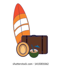 Summer and beach vacations surf table suitcase and hat with coconut cocktail cartoons vector illustration graphic design