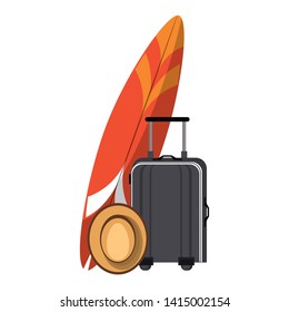 Summer and beach vacations surf table luggage and hat cartoons vector illustration graphic design