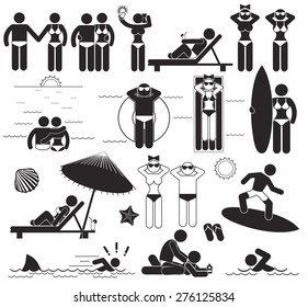 Summer beach vacations. Vector set stick pictograms and symbols vacations at the sea