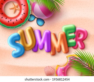 Summer beach vector background design. Summer 3d text with colorful beach elements like floaters, lifebuoy, beachball and sunglasses in seaside background for tropical season. Vector illustration.
