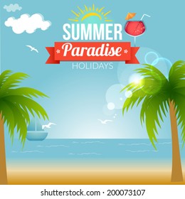 Summer beach vector background. Objects are organized on separate layers.