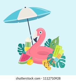 Summer beach vector background with pink flamingo inflatable pool float, exotic leaves, fruits and beach umbrella.  Summer beach vacations concept. Vector illustration on blue background