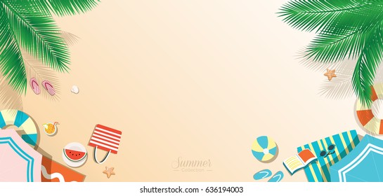 Summer beach vector background, top view panoramic web banner with copy space