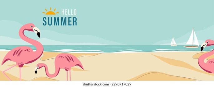 Summer beach vector banner background with pink Flamingo birds