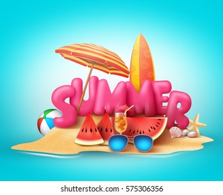 Summer beach vector banner design. Summer 3d text in the sand with colorful elements like umbrella, surf board, watermelon, sunglasses and juice in blue background. Vector illustration.