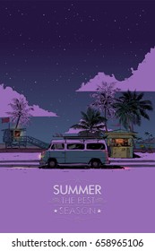 Summer beach. Vector card. Sketch style and watercolor.