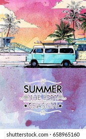 Summer beach. Vector card. Sketch style and watercolor.