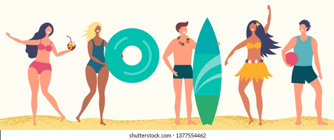 Summer beach vector characters. Happy boys and girls on sand beach