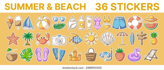 Summer and beach, vector colorful painted stickers set. Icons collection of seasonal rest and vacation accessories with white outline. For prints, cards, paper crafts, scrapbooking.