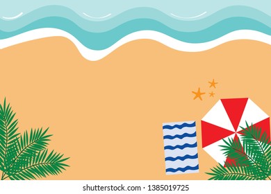 Summer beach vector complete with umbrella and blue towel - palm fronds are in each corner and there is space for text in the middle 