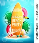 Summer beach vector concept design. Summer beach party text in surfboard element with floaters, leaves and miniature island for tropical holiday decoration. Vector illustration.
