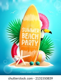 Summer beach vector concept design. Summer beach party text in surfboard element with floaters, leaves and miniature island for tropical holiday decoration. Vector illustration.
