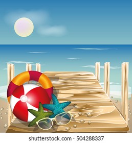 Summer beach vector concept,Wood bridge on the beach with shells 