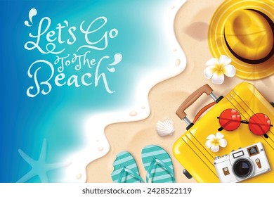 Summer beach vector design. Let's go to the beach greeting text with luggage, hat, flipflop, sunglasses and camera elements in sea shore background for tropical season travel concept. Vector 