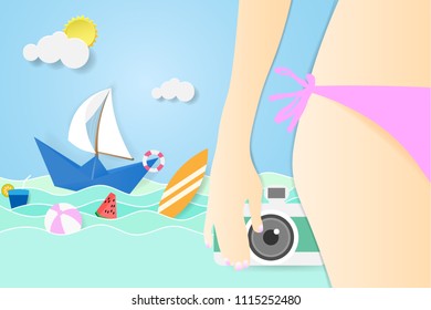 Summer Beach Vector Design origami made paper craft with boat sail in the sea and blue sky, Paper art idea and digital craft.
