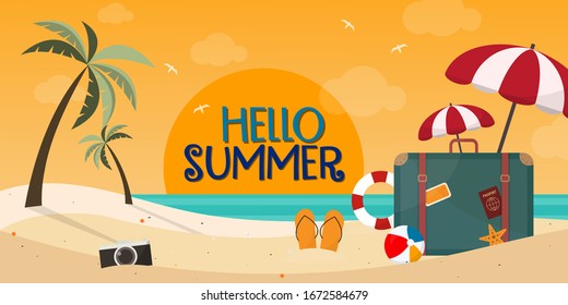 Summer Beach Vector Design in the Seashore with Beach Umbrella,Summer Background Vector Illustration for Beach Holidays,Summer vacation concept background