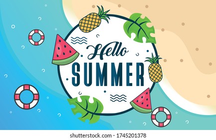 Summer Beach Vector Design in the Seashore with Beach Umbrella and Chair. Summer Background Vector Illustration for Beach Holidays 
