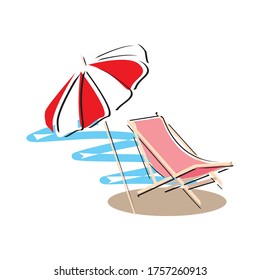 Summer Beach Vector Design in the Seashore with Beach Umbrella and Chair. Summer Background Vector Illustration for Beach Holidays