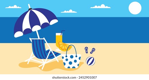 Summer Beach Vector Design in the Seashore with Beach Umbrella and Chair. Summer Background