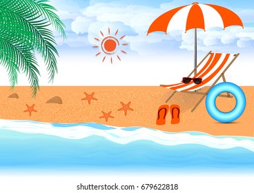 Summer beach vector design in the seashore with beach umbrella and chair