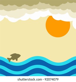 summer beach vector design with waves sun and fish