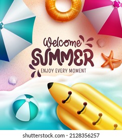 Summer beach vector design. Welcome summer text in sand and seashore background with banana boat and umbrella elements for tropical holiday season. Vector illustration.
