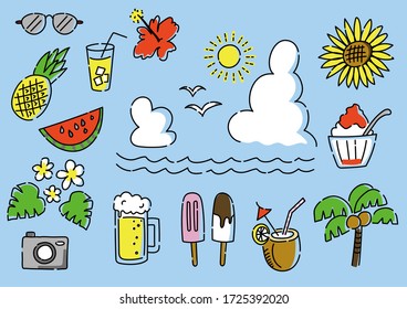 Summer beach vector doodle set