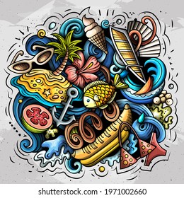 Summer beach vector doodles illustration. Summertime elements and objects cartoon background. Bright colors funny picture. All items are separated