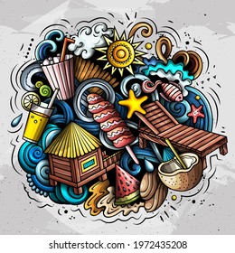 Summer beach vector doodles illustration. Summertime elements and objects cartoon background. Bright colors funny picture. All items are separated