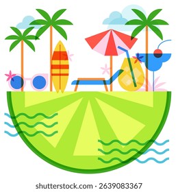 Summer beach vector flat geometric illustration. Tropical landscape with palms, cocktails, umbrella, chaise lounge, surfboard on piece of lemon. Banner, poster, flyer, party invitation design elements
