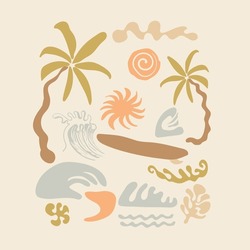 Summer Beach Vector Graphic For Front Print, Collection Of Summer, Sea, Surfing, Tropical Linear Logos, Symbols, Icons Design Template. Editable Vector Logotype.