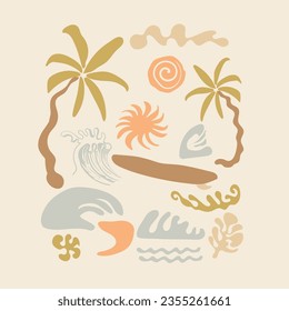 summer beach vector graphic for front print, Collection of Summer, Sea, Surfing, Tropical linear logos, symbols, icons design template. Editable vector logotype.