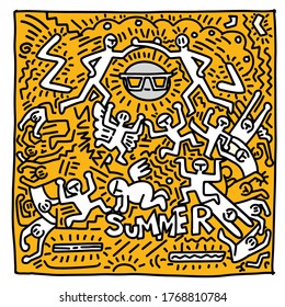 Summer beach vector with hand drawn funny people and objects