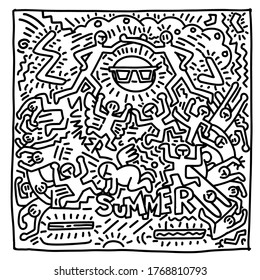 Summer beach vector with hand drawn funny people and objects , illustration for coloring book