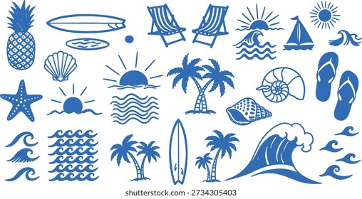 Summer beach vector icon set in blue color featuring tropical and seaside elements such as palm trees, surfboards, waves, shells, starfish, sun, sunset, sailboat, pineapple, flip flops, beach chairs, and ocean symbols. Flat hand-drawn style illustrations isolated on white background. Perfect for summer designs, travel branding, beachwear, vacation graphics, posters, logos, web design, stickers, and t-shirt prints.