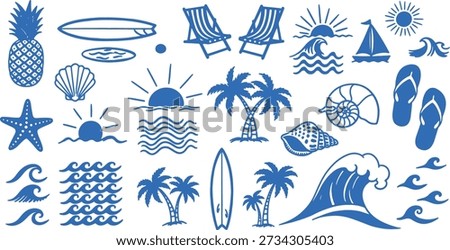 Summer beach vector icon set in blue color featuring tropical and seaside elements such as palm trees, surfboards, waves, shells, starfish, sun, sunset, sailboat, pineapple, flip flops, beach chairs, and ocean symbols. Flat hand-drawn style illustrations isolated on white background. Perfect for summer designs, travel branding, beachwear, vacation graphics, posters, logos, web design, stickers, and t-shirt prints.