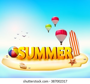 Summer Beach Vector Illustration with Beach Ball and Surfing Board Beside the Starfish with Hot Air Balloon and Birds in the Sky
